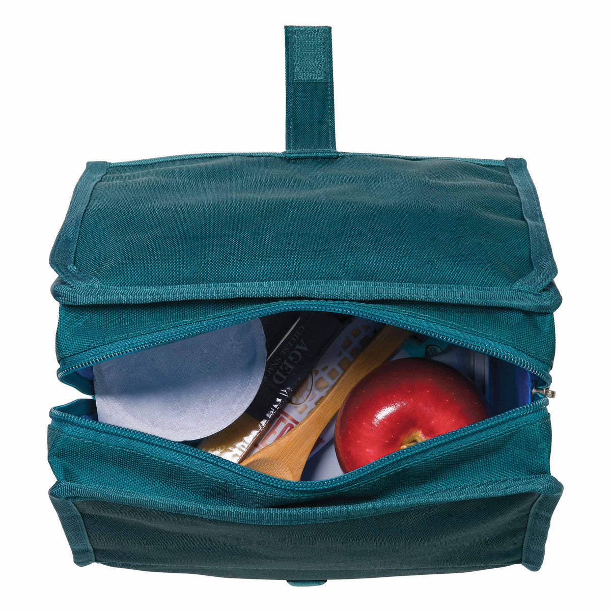 freezable-lunch-bag-h2 freezable-lunch-bag-deep-teal-top-view-packed.jpg